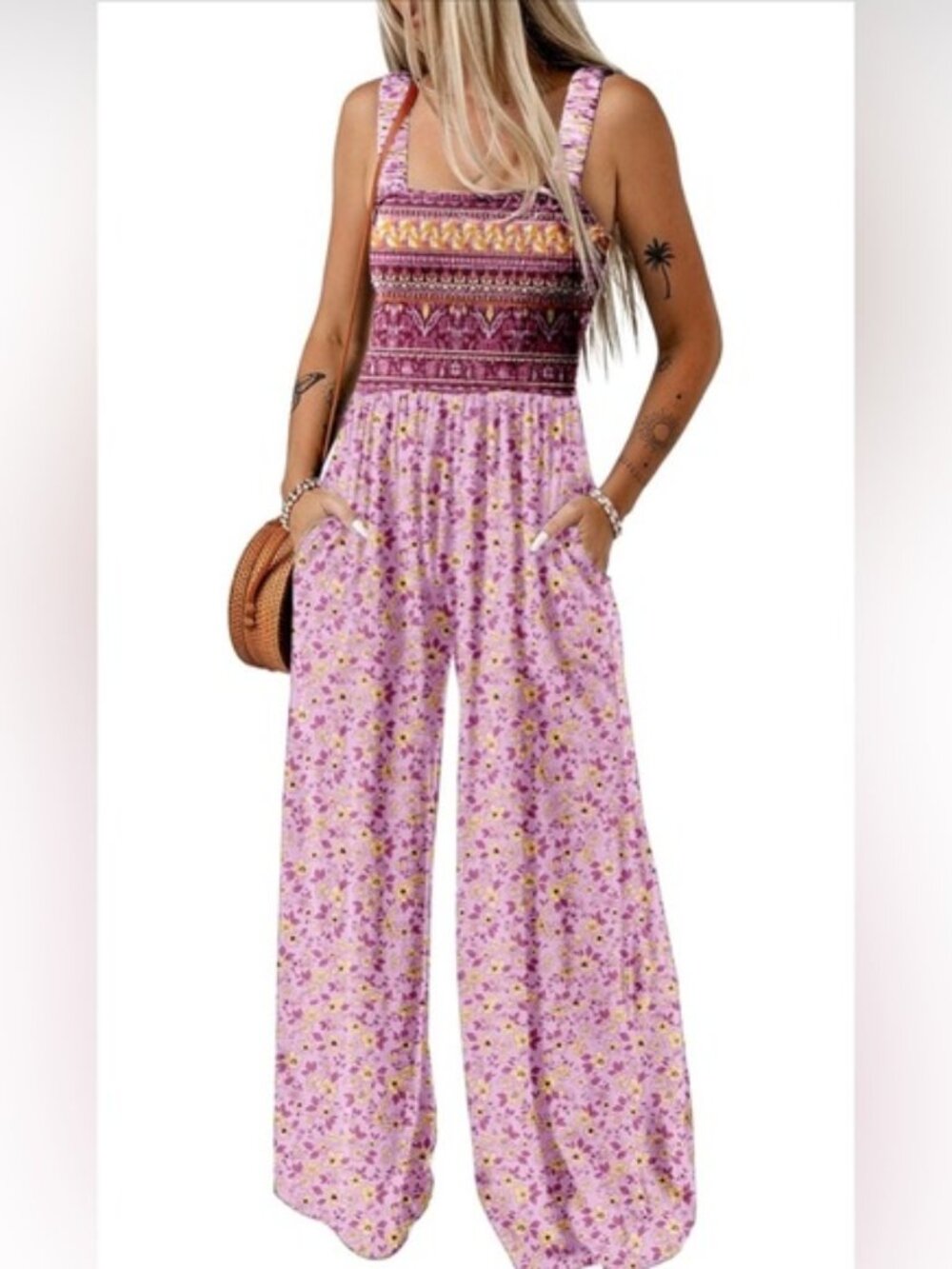 🆕Overalls One Piece Sleeveless Printed Wide Leg Rompers With Pockets